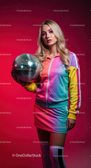 Young Woman in Colorful Tracksuit Holding Disco Ball in Vibrant Night Scene