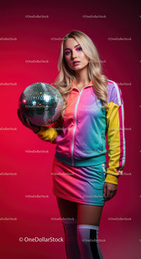 Young Woman in Colorful Tracksuit Holding Disco Ball in Vibrant Night Scene