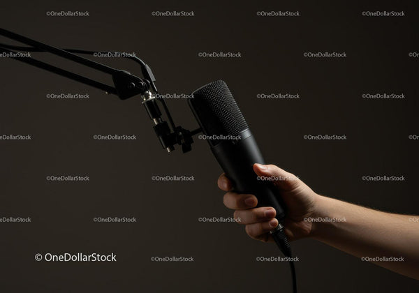 Close-up of Hand Holding Professional Condenser Microphone in Studio
