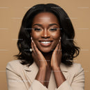 Elegant Smiling Woman with Natural Makeup and Black Hair
