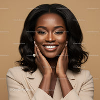 Elegant Smiling Woman with Natural Makeup and Black Hair