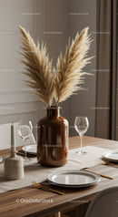 Elegant Dining Table with Pampas Grass and Crystal Glasses in Modern Interior