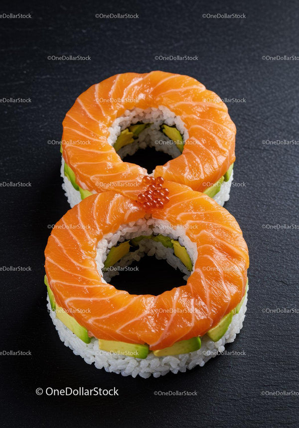 Dwa okrągłe rolki sushi z łososiem i awokado na czarnym tle