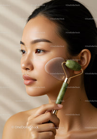 Close Up of Asian Woman Using Jade Roller for Facial Massage