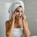 Young woman applying eye patches in bathroom spa routine