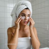 Young woman applying eye patches in bathroom spa routine
