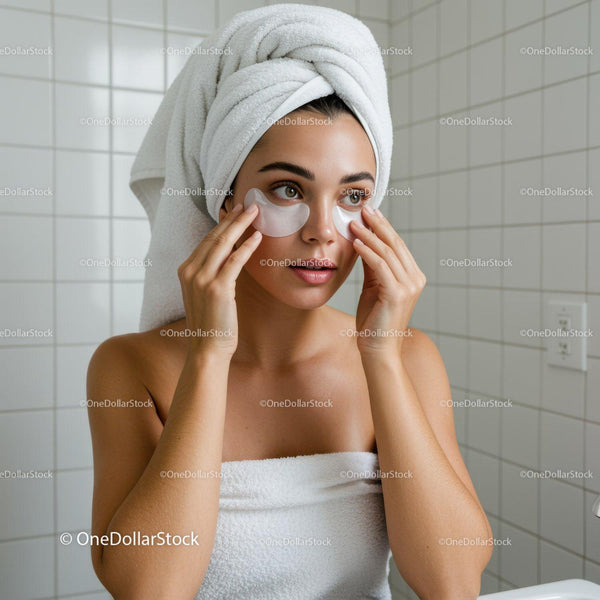 Young woman applying eye patches in bathroom spa routine