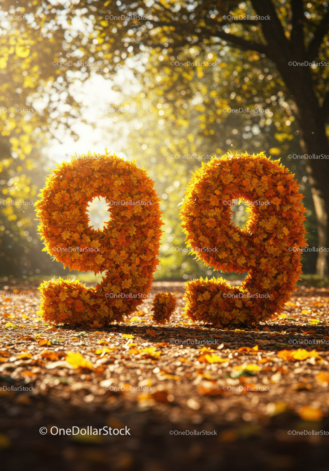 Falling autumn leaves forming 9.9 numbers outdoors
