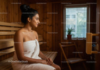 Relaxing Woman Sitting in Sauna Room with Wooden Interior and Natural Light