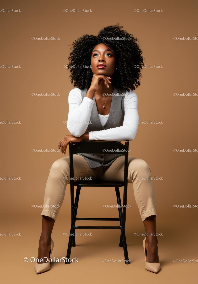 Elegant Confident Woman with Curly Hair Sitting on Chair in Studio