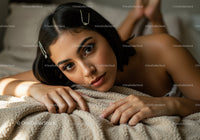 Stunning Woman with Brown Eyes Lying on Cozy Bed Bedroom Scene