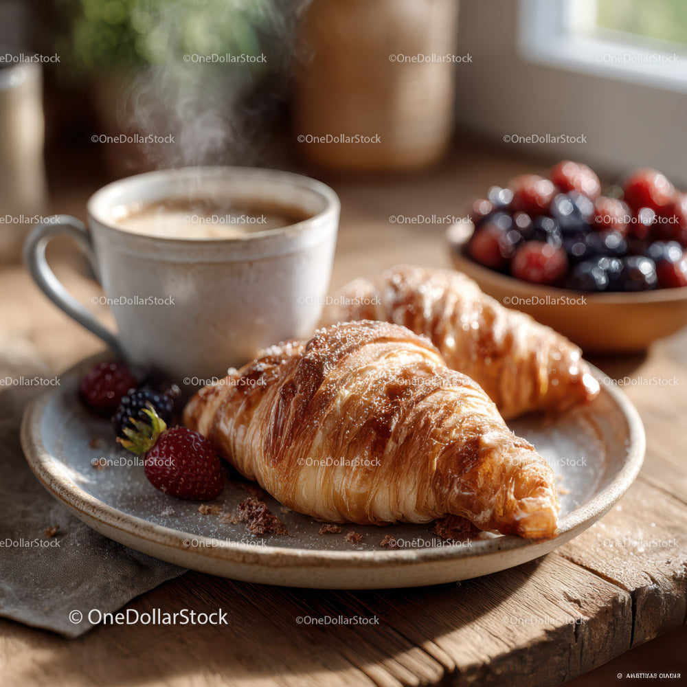 Rustic Breakfast with Croissants Coffee and Fresh Fruit