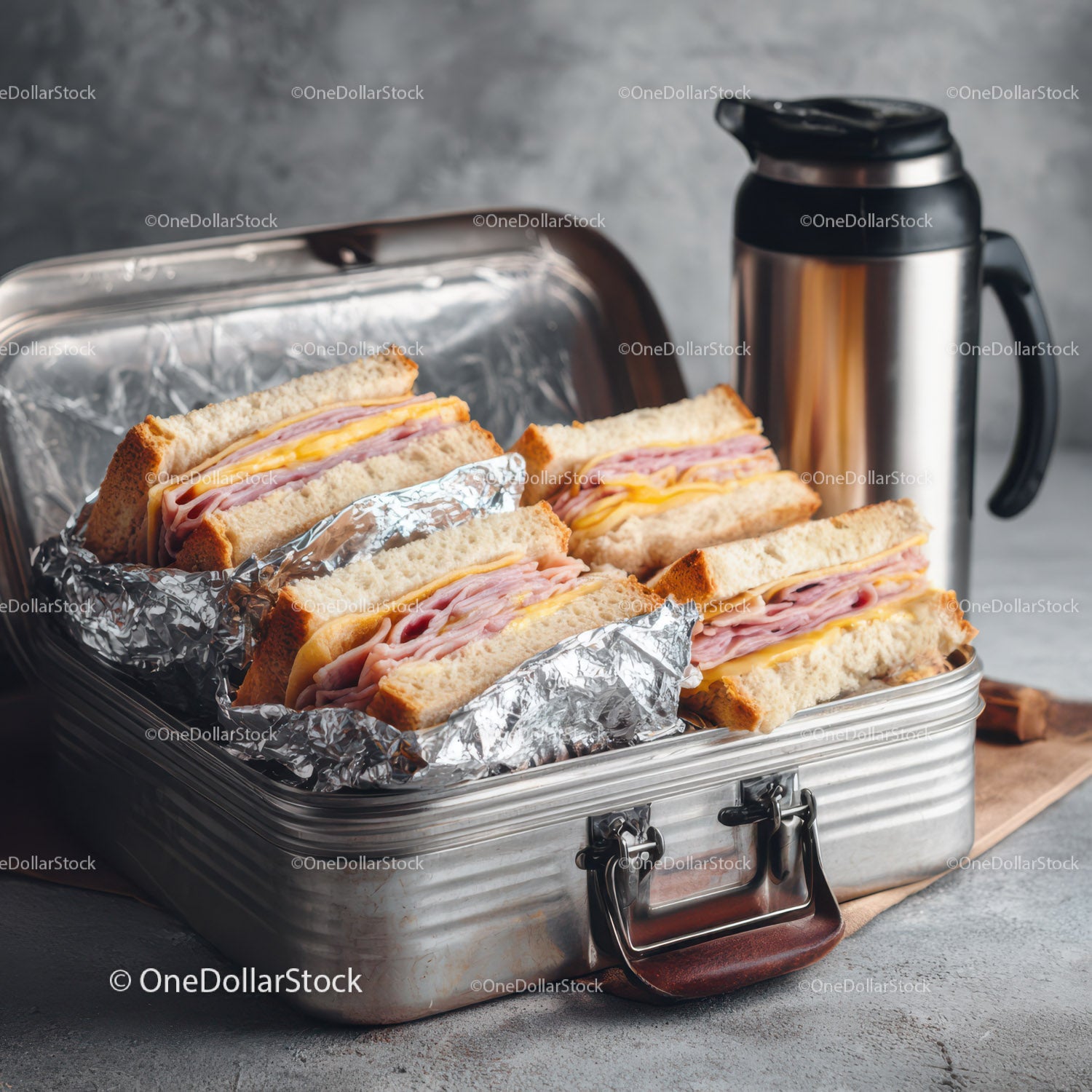 Stack of Ham and Cheese Sandwiches in a Metal Lunch Box
