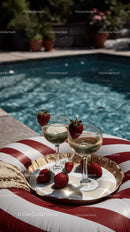 Strawberries and champagne glasses by the poolside on a sunny day