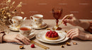Elegant tea time with raspberry tart and vintage cups