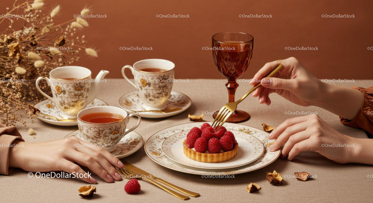 Elegant tea time with raspberry tart and vintage cups