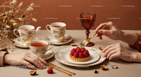 Elegant tea time with raspberry tart and vintage cups