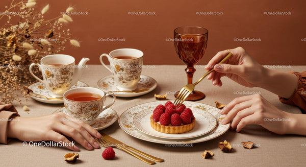 Elegancka herbata z tarta malinowym i vintage filiżankami