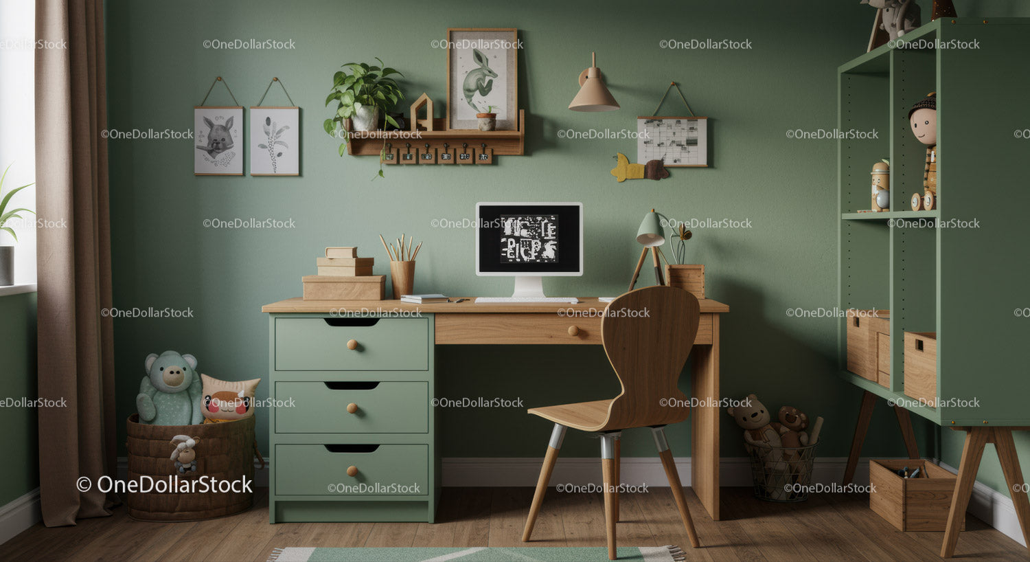 Cozy Children's Study Room with Wooden Desk and Playful Decor