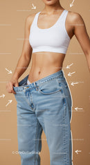 Woman Holding Oversized Jeans Demonstrating Body Positivity and Size