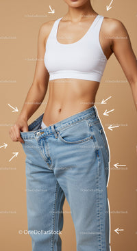 Woman Holding Oversized Jeans Demonstrating Body Positivity and Size