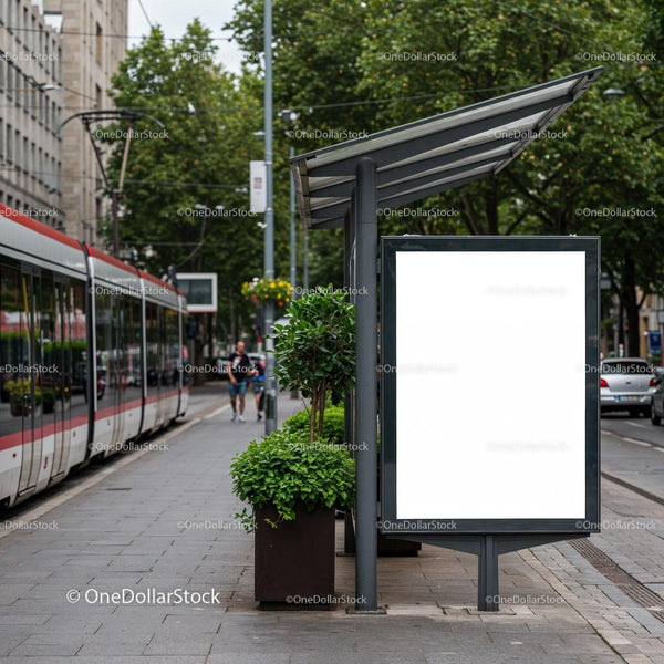Modern tram stop with blank advertisement board in city JPG Mockup Image