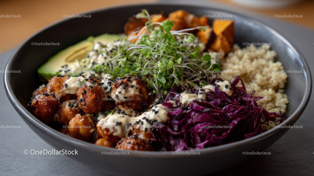 Colorful Vegan Bowl with Spicy Tofu and Vegetables