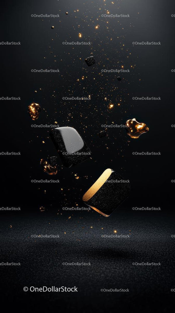 Abstract Cosmic Particles with Gold Metallic Fragments in Dark Background