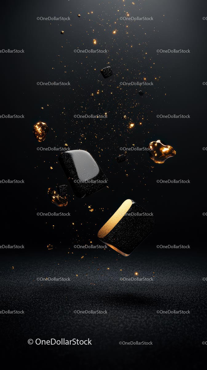 Abstract Cosmic Particles with Gold Metallic Fragments in Dark Background