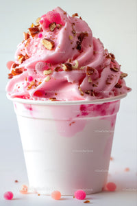 Delicious Pink Ice Cream in Cup with Chocolate Sprinkles and Nuts