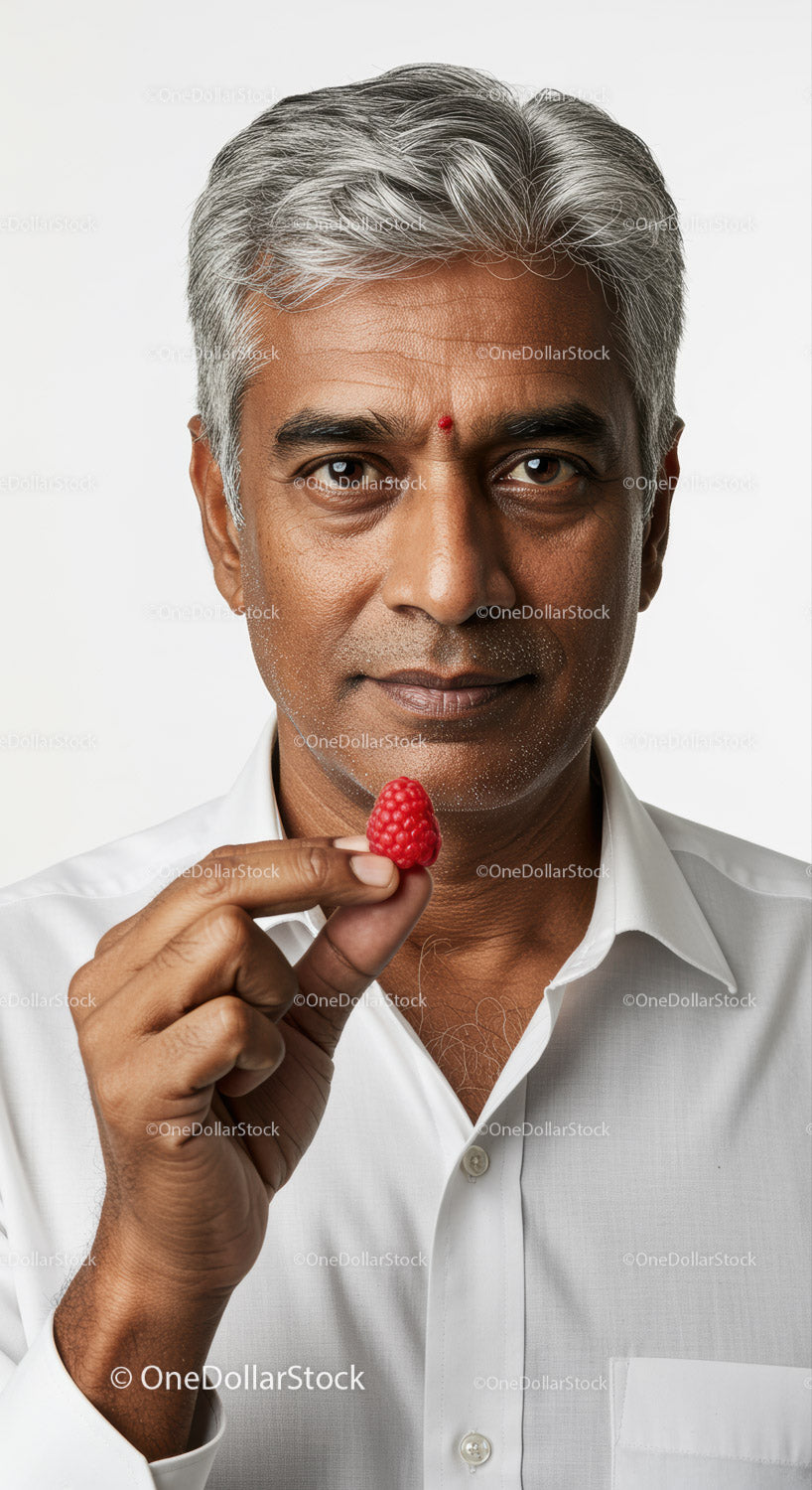 Elderly Man with Raspberry in Hand Promoting Healthy Aging and Wellness