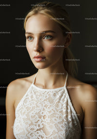Elegant Portrait of Young Woman in White Lace Top with Beautiful Bright Eyes