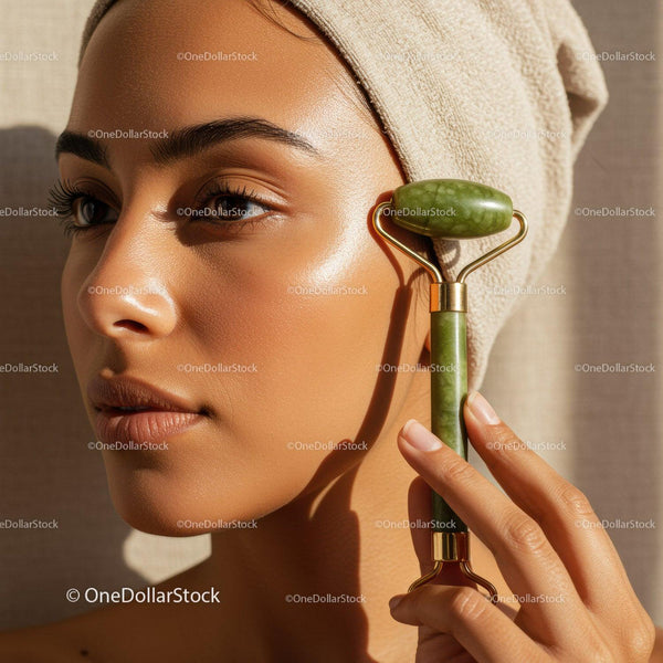 Close-up of a Woman Using Jade Roller for Facial Skin Care