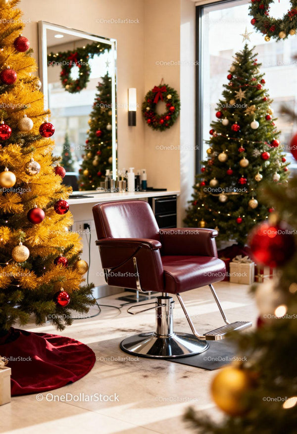 Festive Hair Salon with Christmas Decorations and Chair