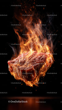 Raw Steak on Fire with High Flames and Sizzling Hot Flames