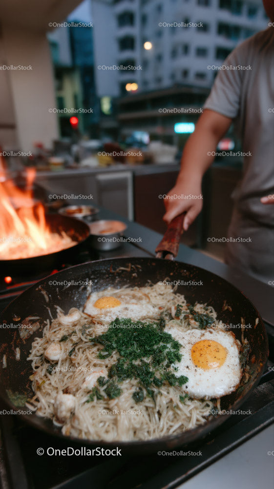 Cooking Seafood Noodles with Fried Eggs on Street Food Wok