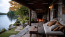 Cozy Lakeside Outdoor Fireplace with Cozy Sofa and Scenic Water View