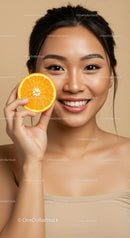 Smiling Woman Holding Orange Slice for Bright Healthy Lifestyle