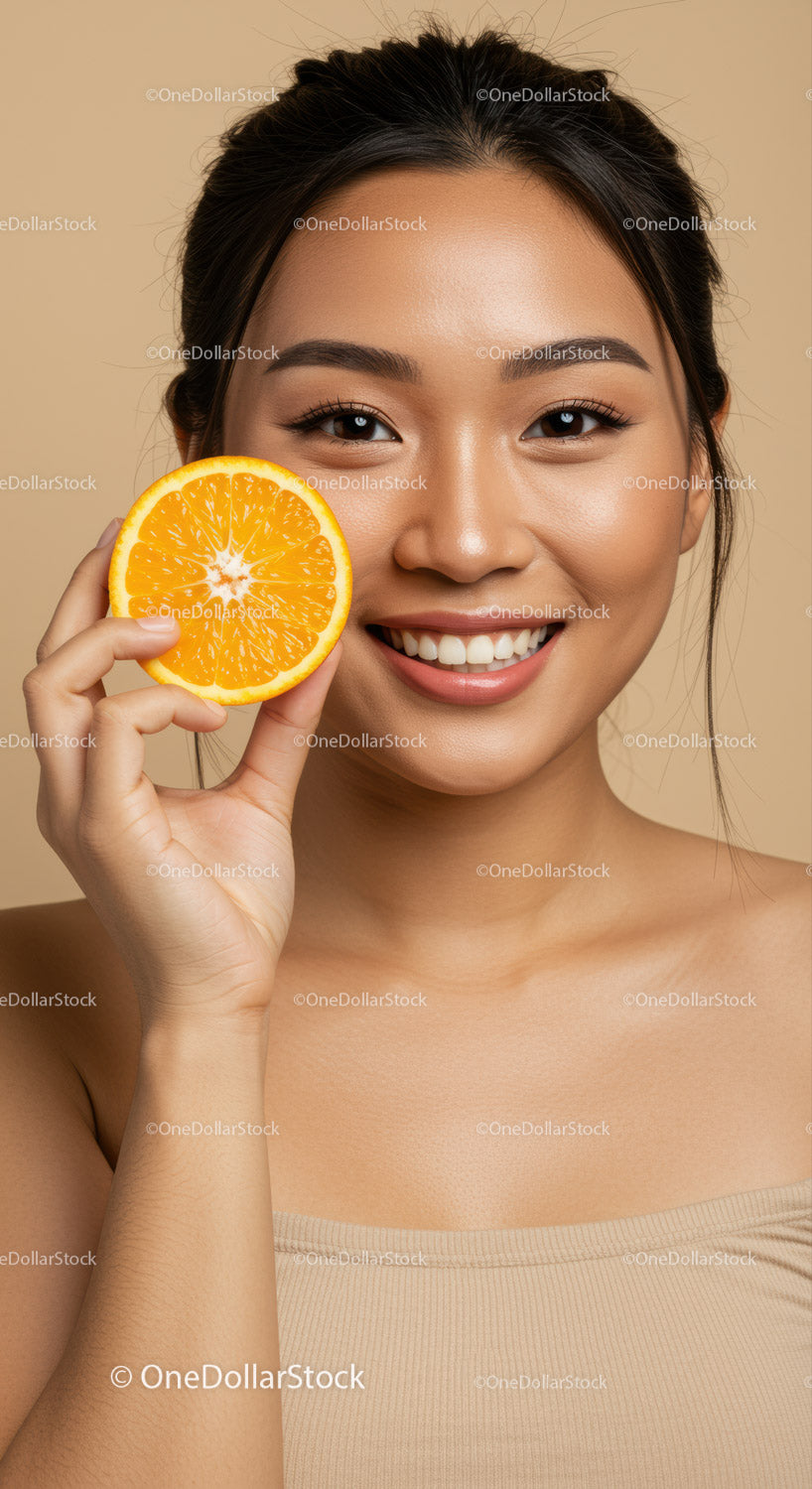 Smiling Woman Holding Orange Slice for Bright Healthy Lifestyle