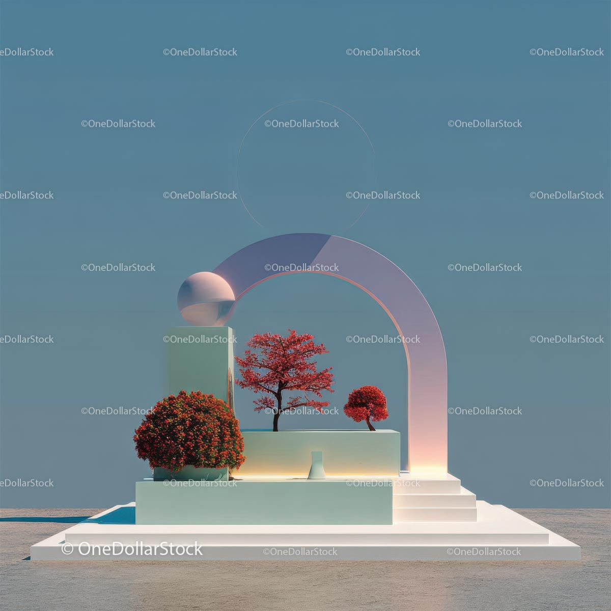 Futuristic Abstract Landscape with Vibrant Red Trees