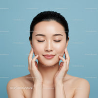 Young Woman with Clear Skin and Relaxed Expression on Blue Background