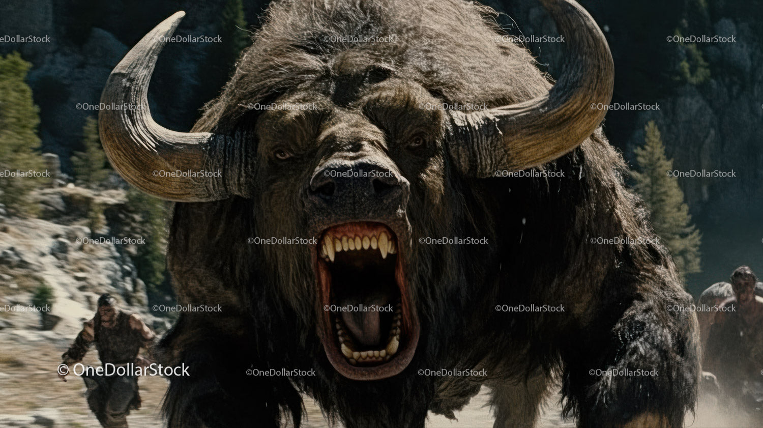 Wild Mountain Bison Roaring in a Stormy Forest Scene