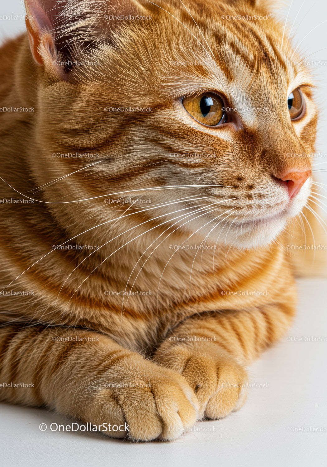 Close up of calm orange tabby cat resting paws