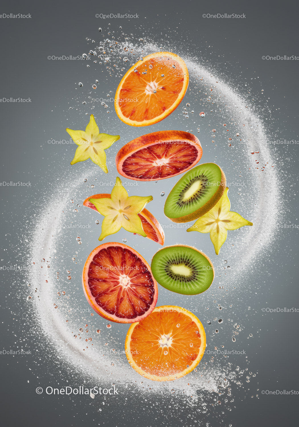 Fresh Sliced Citrus and Tropical Fruits with Water Splash