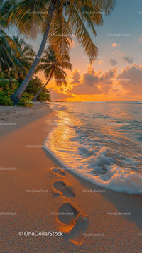 Tropical Sunset Beach with Palm Trees and Footprints