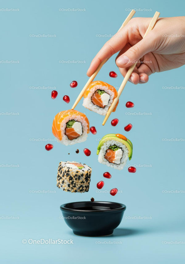 Hand Holding Sushi Roll with Pomegranate Seeds and Sauce