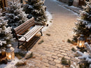 Snowy bench and lanterns along festive cobblestone path