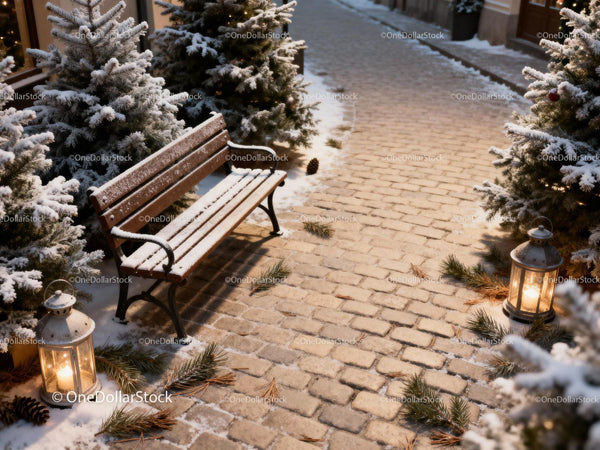 Snowy bench and lanterns along festive cobblestone path