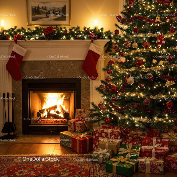 Cozy Living Room with Fireplace and Decorated Christmas Tree