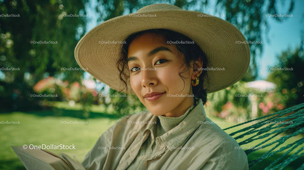 Young Woman Relaxing Outdoors Wearing Stylish Hat Reading a Book